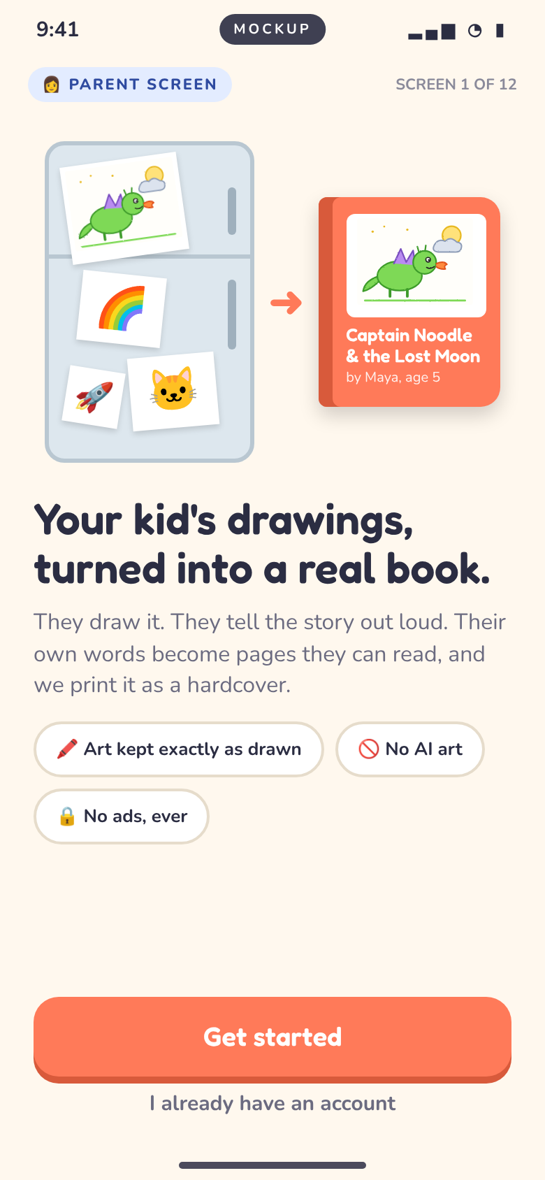 A fridge of drawings becomes a hardcover book. Placeholder mockup art.